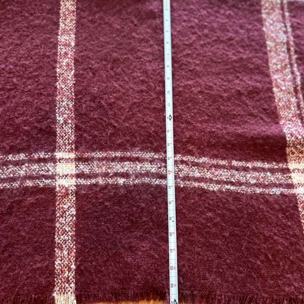 Women’s’ one-size knit turtleneck, poncho in maroon, and cream plaid - Picture 7 of 11